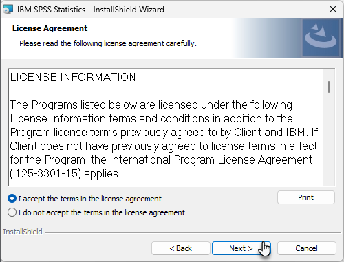 SPSS Install Wizard License Agreement Screen