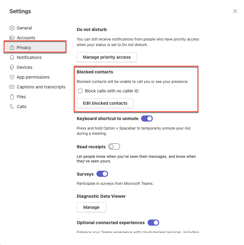 Screen capture of Teams privacy setting options