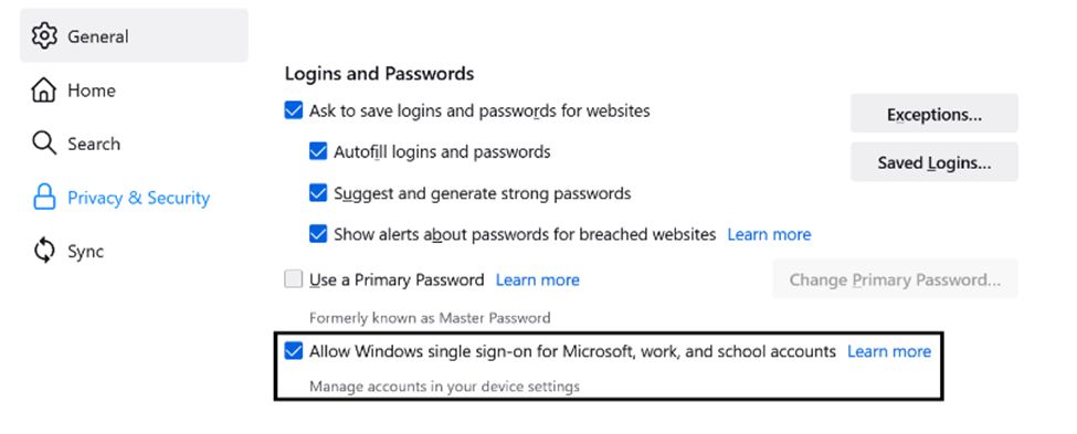 Screen capture of  Firefox Windows SSO option in Privacy & Security