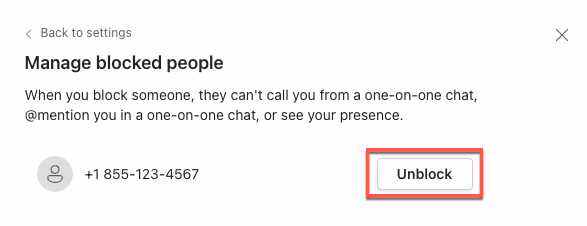 Screen capture of unblock button in Managed blocked people