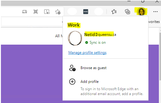 Screen capture of Microsoft Edge profile menu